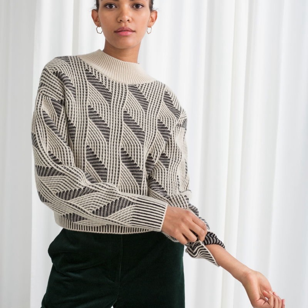 & Other Stories Black and Cream Patterned Turtleneck Sweater